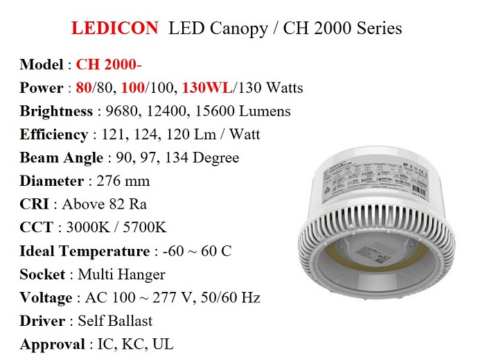 LED Canopy CH 2000 series / 80 ~ 130 W, 9680 ~ 15600 Lm - LEDICON - Gamako